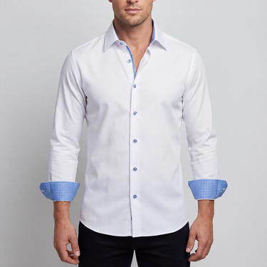 Edward// // Cotton Knit-Stretch Button-Up Shirt With Contrast Details // White // Tailored Fit (Fitted)