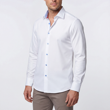 Scott// Cotton Knit-Stretch Button-Up Shirt With Contrast Details // White // Tailored Fit (Fitted)