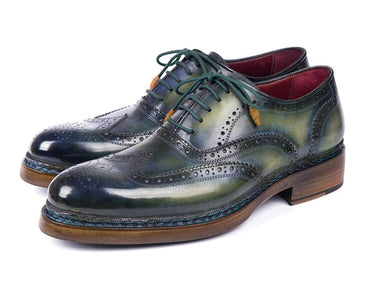 Paul Parkman Triple Leather Sole Wingtip Brogues in Green & Blue