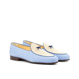DapperFam Marcello in Blue / Ice / Navy Men's Linen & Italian Leather Belgian Slipper