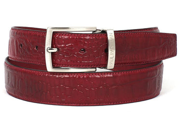 Paul Parkman Men's Croco-Embossed Calfskin Leather Belt in Burgundy