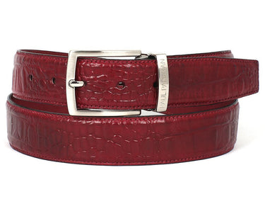 Paul Parkman Men's Croco-Embossed Calfskin Leather Belt in Burgundy