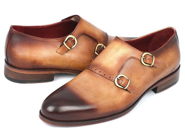 Paul Parkman Men's Hand-Painted Leather Double Monkstraps in Brown & Camel