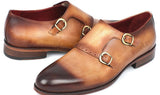 Paul Parkman Men's Hand-Painted Leather Double Monkstraps in Brown & Camel