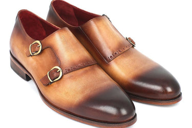 Paul Parkman Men's Hand-Painted Leather Double Monkstraps in Brown & Camel
