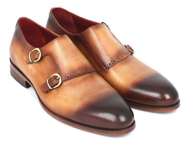 Paul Parkman Men's Hand-Painted Leather Double Monkstraps in Brown & Camel