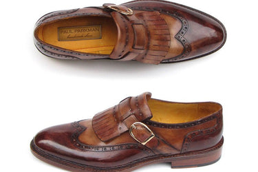 Paul Parkman Men's Hand-Painted Leather Wingtip Monkstrap Brogues in Brown