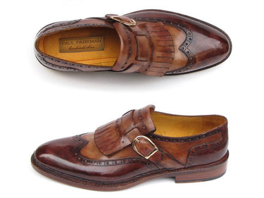 Paul Parkman Men's Hand-Painted Leather Wingtip Monkstrap Brogues in Brown