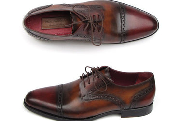 Paul Parkman Men's Hand-Painted Leather Derby Shoes in Bordeaux & Tobacco
