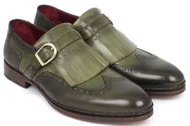 Paul Parkman Men's Hand-Painted Wingtip Monkstrap Brogues in Green