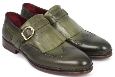 Paul Parkman Men's Hand-Painted Wingtip Monkstrap Brogues in Green