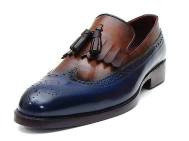 Paul Parkman Men's Leather Kiltie Tassel Loafers in Navy & Tobacco