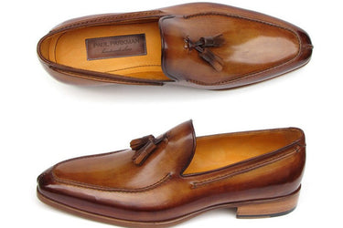 Paul Parkman Men's Hand-Painted Leather Tassel Loafers in Camel & Brown