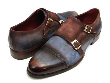 Paul Parkman Men's Suede Double Monkstraps in Antique Blue & Brown