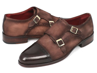 Paul Parkman Men's Suede Double Monkstraps in Brown & Beige