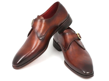 Paul Parkman Men's Hand-Painted Leather Monkstraps in Brown & Camel