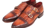 Paul Parkman Men's Croco-Embossed Leather Double Monkstraps in Brown