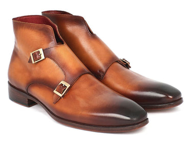Paul Parkman Men's Hand-Painted Leather Double Monkstrap Boots in Brown