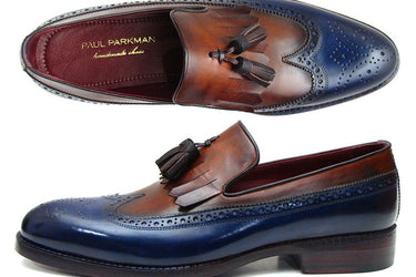Paul Parkman Men's Leather Kiltie Tassel Loafers in Navy & Tobacco