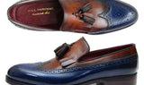 Paul Parkman Men's Leather Kiltie Tassel Loafers in Navy & Tobacco