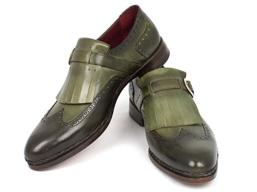 Paul Parkman Men's Hand-Painted Wingtip Monkstrap Brogues in Green