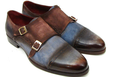 Paul Parkman Men's Suede Double Monkstraps in Antique Blue & Brown