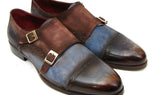 Paul Parkman Men's Suede Double Monkstraps in Antique Blue & Brown