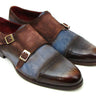 Paul Parkman Men's Suede Double Monkstraps in Antique Blue & Brown