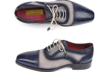 Paul Parkman Men's Hand-Painted Suede Captoe Oxfords in Navy & Beige