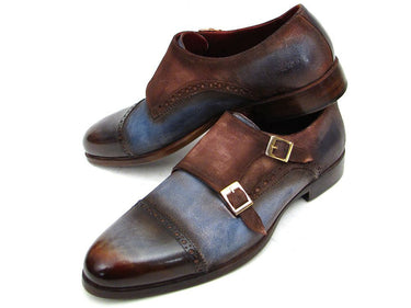 Paul Parkman Men's Suede Double Monkstraps in Antique Blue & Brown