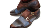 Paul Parkman Men's Suede Double Monkstraps in Antique Blue & Brown