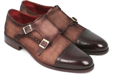 Paul Parkman Men's Suede Double Monkstraps in Brown & Beige