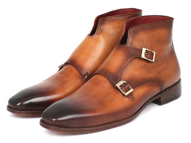 Paul Parkman Men's Hand-Painted Leather Double Monkstrap Boots in Brown