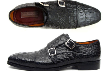 Paul Parkman Men's Croco-Embossed Leather Double Monkstraps in Black