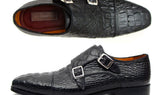 Paul Parkman Men's Croco-Embossed Leather Double Monkstraps in Black