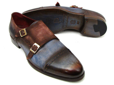 Paul Parkman Men's Suede Double Monkstraps in Antique Blue & Brown