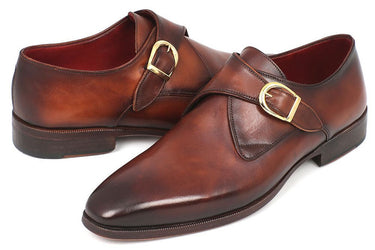 Paul Parkman Men's Hand-Painted Leather Monkstraps in Brown & Camel