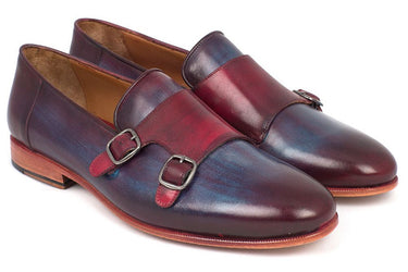 Paul Parkman Men's Leather Double Monkstraps in Bordeaux & Navy
