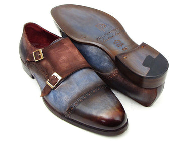 Paul Parkman Men's Suede Double Monkstraps in Antique Blue & Brown