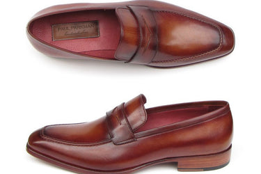 Paul Parkman Men's Hand-Painted Leather Penny Loafers in Tobacco & Bordeaux