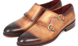 Paul Parkman Men's Hand-Painted Leather Double Monkstraps in Brown & Camel