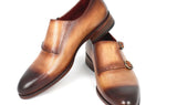 Paul Parkman Men's Hand-Painted Leather Double Monkstraps in Brown & Camel