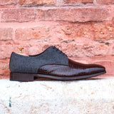 DapperFam Vero in Dark Brown / Dark Grey Men's Italian Croco Embossed Leather & Flannel Derby in Dark Brown / Dark Grey