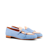 DapperFam Rialto in Blue / Ice / Med Brown Men's Linen & Italian Leather Monk Slipper in Blue / Ice / Med Brown