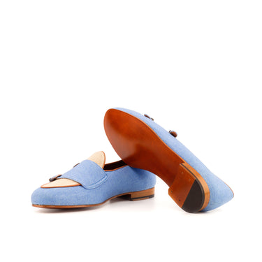 DapperFam Rialto in Blue / Ice / Med Brown Men's Linen & Italian Leather Monk Slipper in #color_