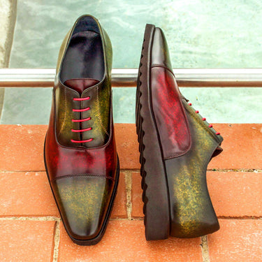 DapperFam Rafael in Khaki / Burgundy Men's Hand-Painted Patina Oxford
