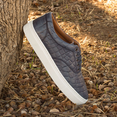 DapperFam Riccardo in Navy Men's Italian Croco Embossed Leather Top Sider