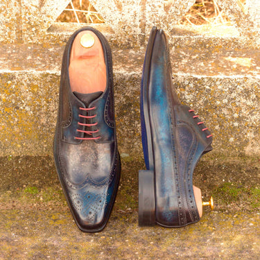 DapperFam Zephyr in Denim / Grey Men's Hand-Painted Patina Longwing Blucher