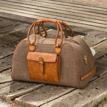 DapperFam Luxe Men's Travel Duffle in Tweed Sartorial & Cognac Leather in