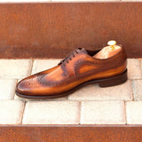 DapperFam Zephyr in Cognac Men's Hand-Painted Patina Longwing Blucher — Style 2909